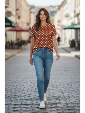 Women's CODE MODE Brown & White Polka Dot Short Sleeve Tee L